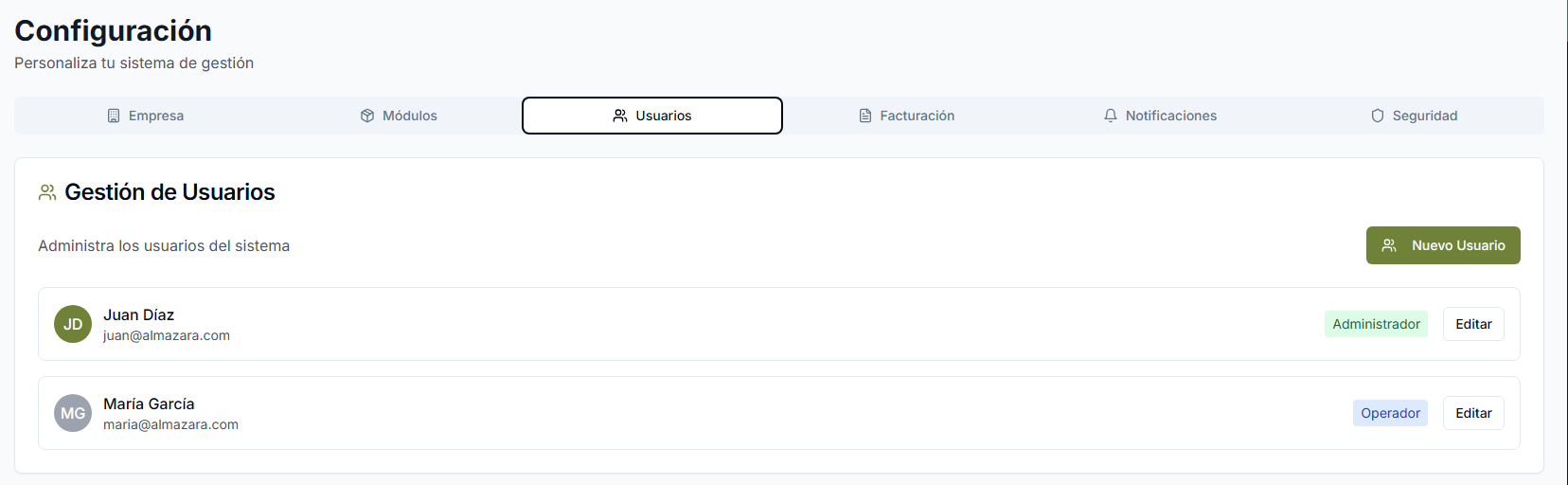Gestión de usuarios y roles OLEUMEXTRA